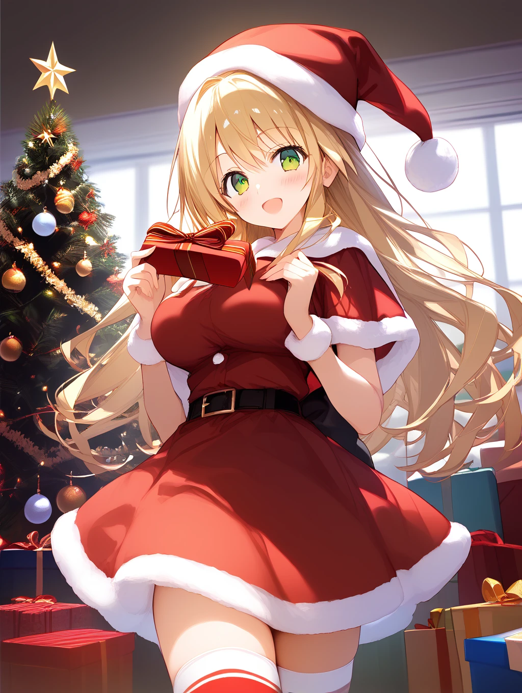 score_9,score_8,score_7_up,soure_anime,high res image,masterpiece, best quality, <lora:Kadoya Yaeka_v1:0.6>,1girl, green eyes, blonde hair, christmas,large breasts,santa hat,santa costume,indoors,home,smile, open mouth, long hair, solo, looking at viewer, blush, kadoya yaeka,thighhighs, holding gift, standing