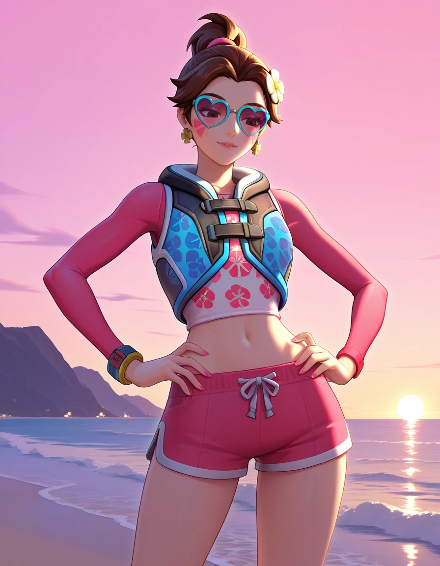 Masterpiece, high-res, 2k, best quality,  1 girl,  d.va (overwatch), waveracer ,  pink shorts, at the beach ,  Looking down hands on the hips<lora:waveracer illus-000045:1>