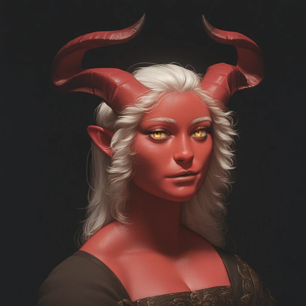 score_9, score_8_up, score_7_up, <lora:Leonardodavincioilpainting:1> portrait, beautiful, 1 girl, demon girl, succubus, red skin, horns, white hair