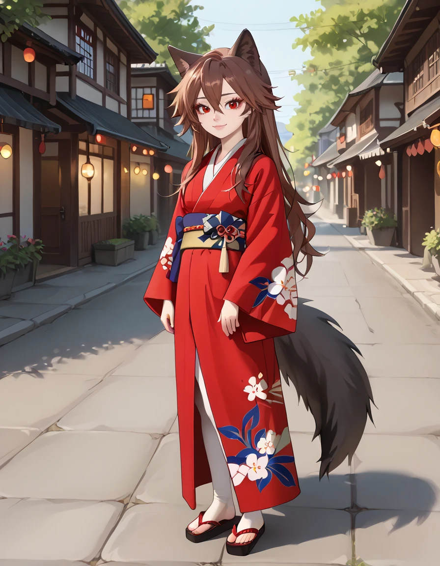 outdoors,village,
full body,smile,long eyelashes,
kimono,
<lora:Crydiaa_v01_PDXL:1>,Crydiaa,1girl,solo,brown hair,long hair,hair between eyes,wolf ears,red eyes,wolf tail,