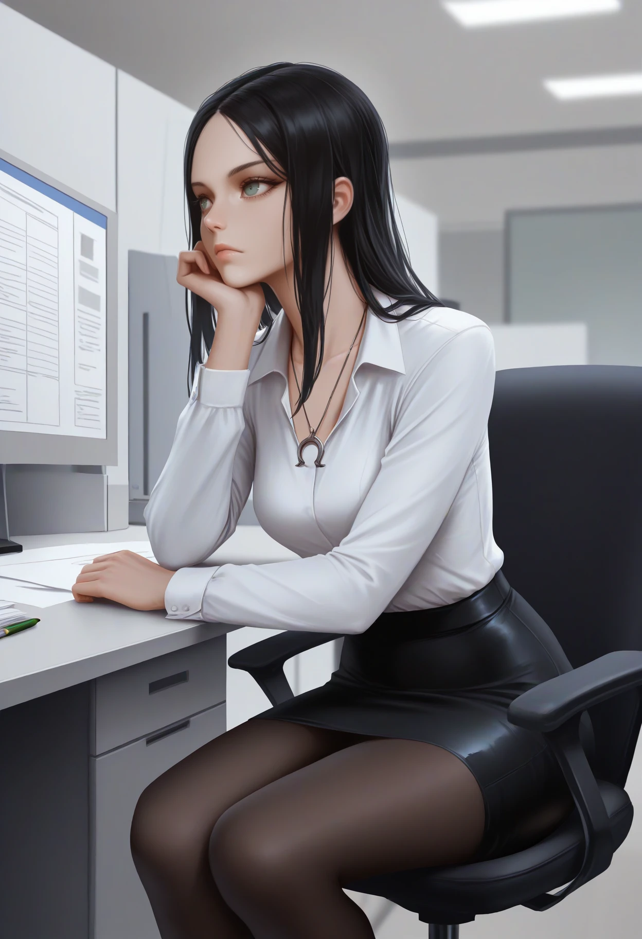 masterpiece, best quality, realistic, solo, 1girl, mcgeealice, expressionless, looking away, sitting, office chair, head rest, white shirt, collared shirt, long sleeves, black skirt, pencil skirt, black pantyhose, necklace, indoors, office, cubicle, table
<segment:yolo-face_yolov8m.pt,0.4,0.5//cid=1>