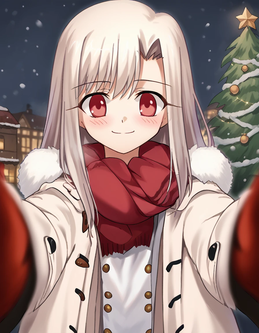 score_9, score_8_up, score_7_up, source_anime, <lora:illyasviel-von-einzbern-ingame-ponyxl-lora-nochekaiser:1>, illyasviel von einzbern, long hair, red eyes, white hair,, <lora:pov-cheek-warming-ponyxl-lora-nochekaiser:1>, pov cheek warming, pov cheek warming (meme), winter gloves, duffel coat, fur-trimmed scarf, winter clothes, red mittens, meme, winter coat, red scarf, fur-trimmed coat, reaching towards viewer, reaching, mittens, fur-trimmed hood, white coat, open coat, scarf, coat, red gloves, snowing, pov, fur trim, depth of field, smile, blush,, christmas, christmas tree, christmas lights,, , dutch angle, cowboy shot