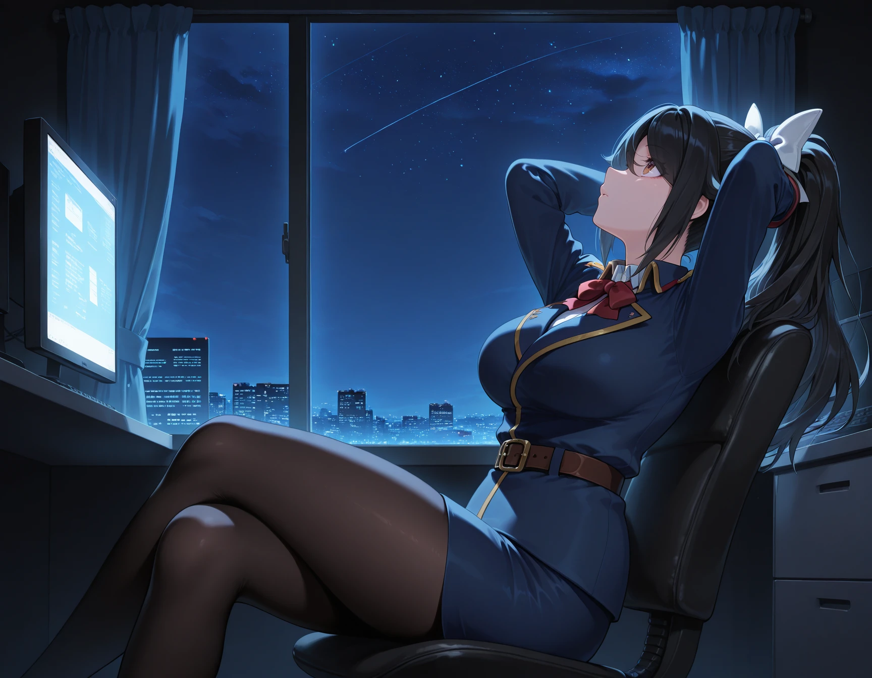 Ultra-high resolution, 8K, (Official Art, beautifully、mysterious:1.2), Anime Art Wallpaper, Works by Makoto Xin Haicheng, Lofi Art Style, Lo-fi feel, Perfect human body composition, Anatomically correct limbs, Structurally correct fingers, Impressive eyes, Oversized hoodie and short skirt, Shiny long black hair, Larger than average bust, Girl listening to music with headphones, Looking out the window, City Room, A room for music lovers, city view from the window, Impressive cityscape, Bright Sky, meteor, Wide angle, Before dusk