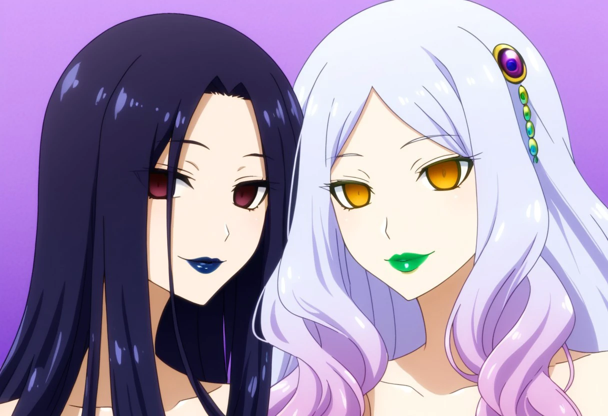 anime, empty eyes, emotionless, hypnotized, two females, lipstick, red lipstick, yellow lipstick, green lipstick, blue lipstick, purple lipstick, black lipstick, glossy lips, wet lips, sexy smile, adult, casual dress, long hair, white hair, black hair, green hair, red hair, yellow hair, pink hair, purple hair, blue hair, hair decoration, red eyes, orange eyes, yellow eyes, green eyes, blue eyes, purple eyes, pink eyes, black eyes, white eyes, close up