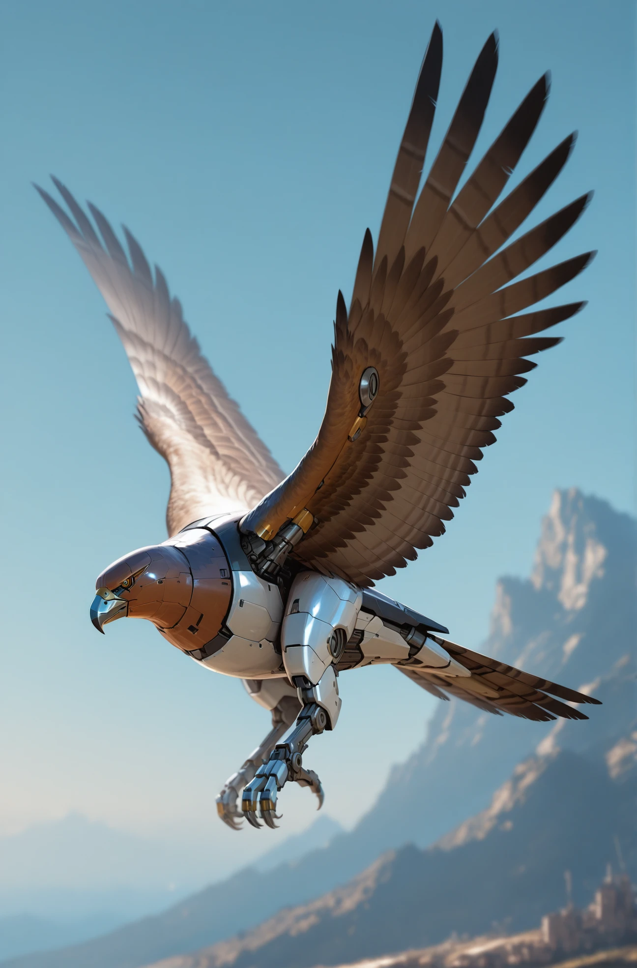 masterpiece, best quality, 2.5D, realistic 
 <lora:Animal Mecha [IL]:1> animalmecha, no humans, mecha, non-humanoid robot, shiny surface, hawk, spread wings, flying