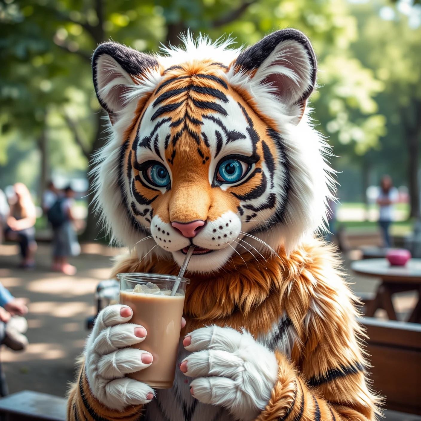 photogrfursuit, anthropomorphic, anthro, fluffy body, furry, fur body, milkytiger, white hair, blue eyes, orange fur, park, park background, bubble tea, holding