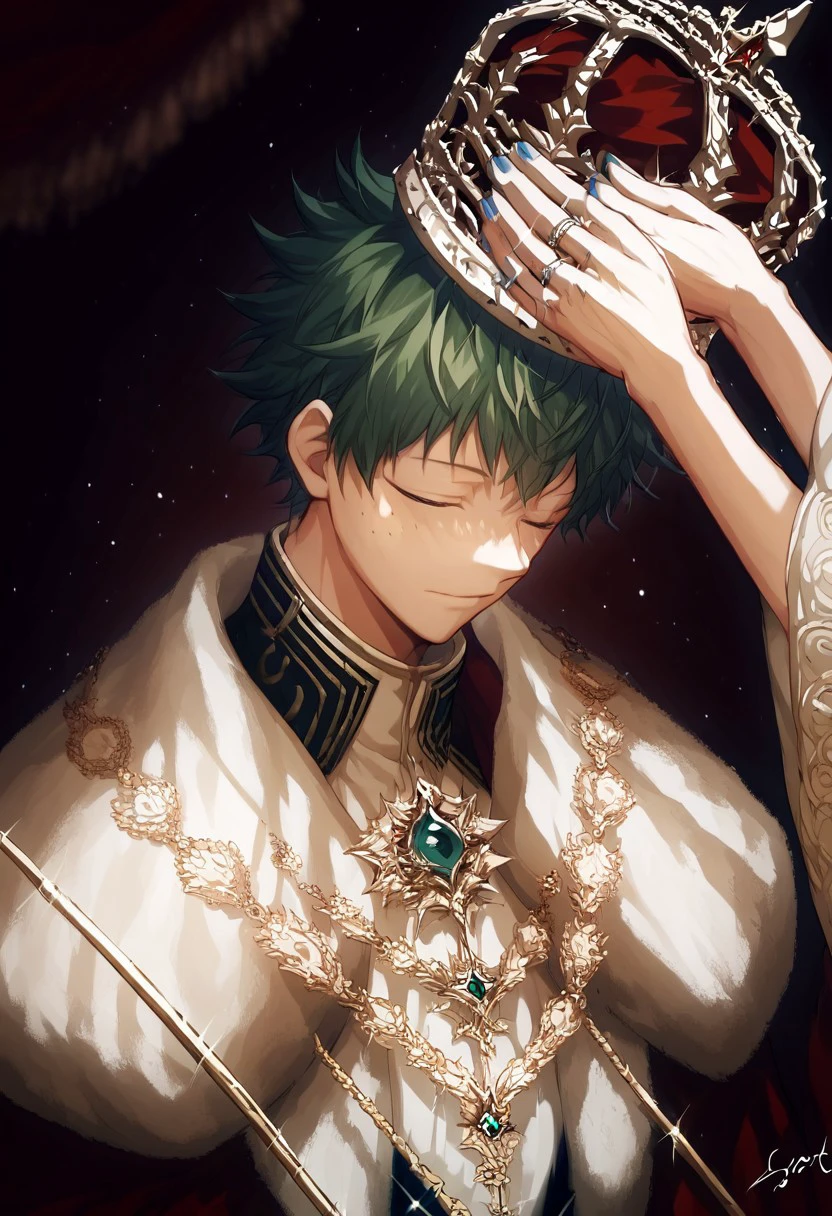 score_9, score_8_up, source_anime, highly detailed, highly detailed eyes,Solo, solo focus, crown, blue nails, upper body, solo, male focus, closed eyes, ring,deku,green hair,green eyes,short hair,freckles