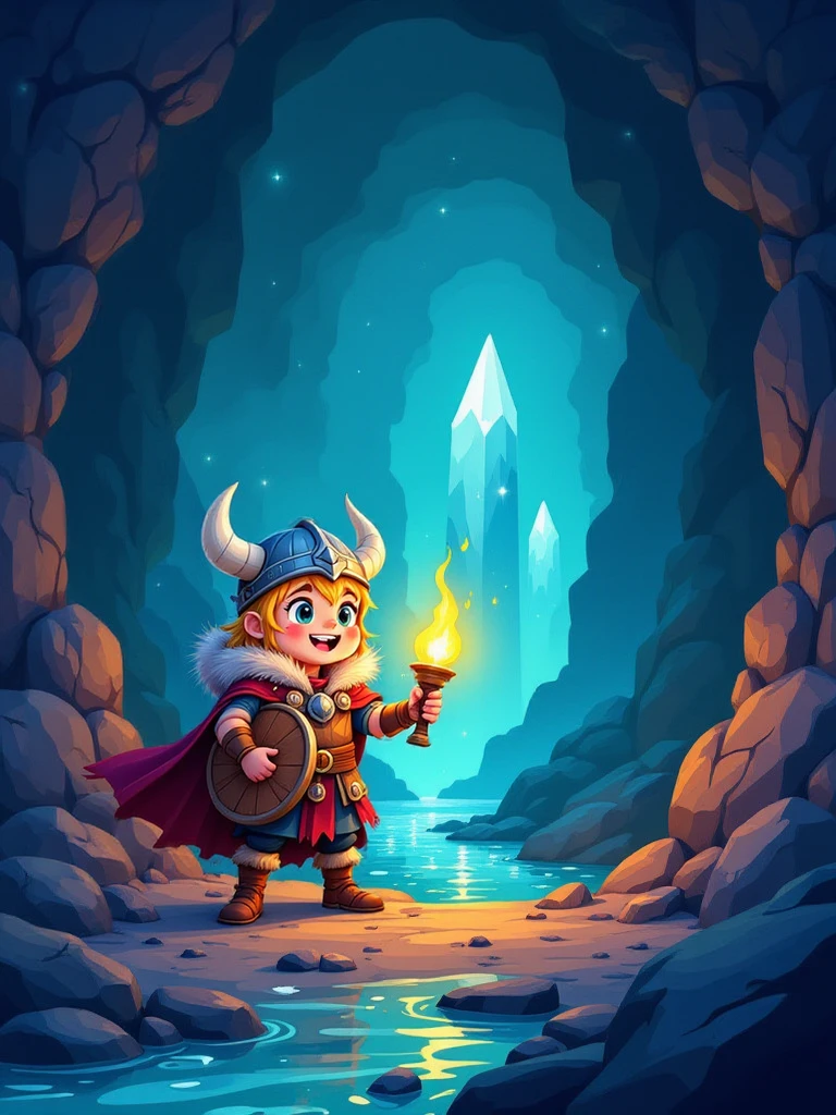 This is a cute and stylized digital illustration for the cover of a children's book about Vikings. The illustration captures a whimsical and adventurous scene, perfect for sparking the imagination of young readers. The central figure is a small Viking boy, dressed in traditional Viking attire, including a fur-lined helmet with horns and a warm, woolen cloak. He is standing bravely at the entrance of a mysterious cave, his eyes wide with curiosity and excitement as he holds a glowing torch in one hand and a small wooden shield in the other. The boy's face is filled with determination and a sense of adventure, ready to explore the unknown.
The cave is depicted with dark, rugged walls adorned with glowing crystals that emit a soft, ethereal light, creating a sense of mystery and wonder. The crystals are rendered with intricate details, their facets catching the light and adding a magical, otherworldly feel to the scene. Underground rivers flow gently through the cave, their waters shimmering with reflections from the crystals, adding to the enchanting atmosphere. The rivers are filled with small, glowing fish that swim gracefully, their scales sparkling in the dim light.
The overall color palette is a mix of deep blues and purples from the cave, warm oranges and yellows from the torchlight, and cool greens from the underground rivers. The use of vibrant colors and intricate details brings the scene to life, creating a visually stunning and emotionally engaging image. The style of the illustration is reminiscent of the works of renowned children's book illustrators such as Quentin Blake and Emily Hughes, known for their ability to blend whimsy with a touch of realism and emotional depth.
The overall composition is balanced and harmonious, with the Viking boy and the cave as the central focus, surrounded by the enchanting and adventurous elements of the landscape.
The illustration captures the essence of a magical, otherworldly realm, where beauty and enchantment coexist, making it a captivating and heartwarming image that is both visually stunning and emotionally evocative. The overall mood is one of mystery and adventure, inviting young readers to join the Viking boy on his exciting journey into the unknown
<lora:KicezArtCute_illustrationV1:1.3> <lora:111622:1> Epic Image