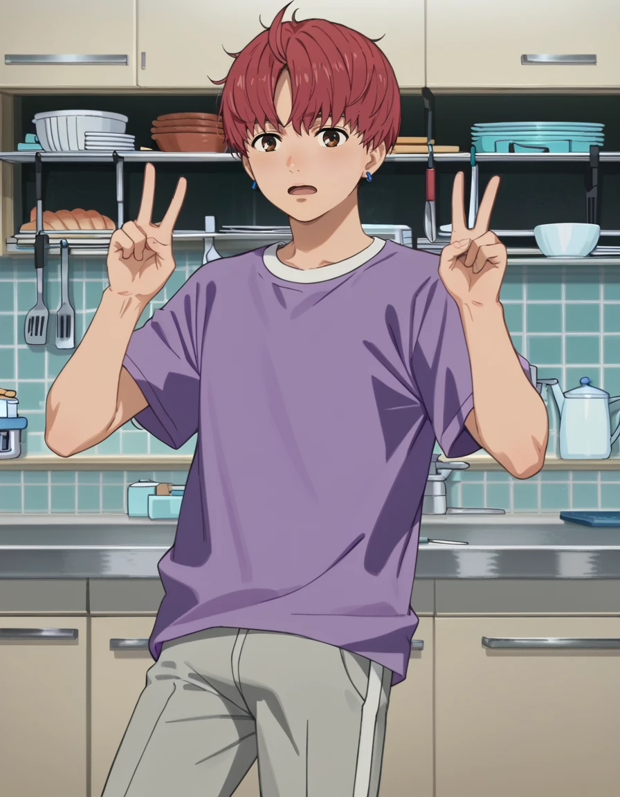 score_9, score_8_up, score_7_up, source_anime, high res image, masterpiece, best quality, BREAK
1boy, solo, double-v, indoors, kitchen, cowboy shot,
jin enjoji (dandadan s1), short hair, red hair, brown eyes, earrings, 
purple shirt, short sleeves, gray pants,
<lora:jin_enjoji-dandadan_s1_v2-anime-soralz:1>