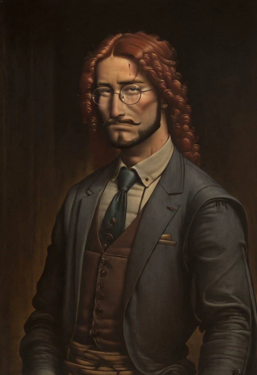 LeonardoDaVinciStyle-IL.V1.0, oil painting, fine art, classic art, masterpiece, best quality, 1boy, glasses, red hair, suit, round glasses, beard, facial hair, mustache, scar, scars on face