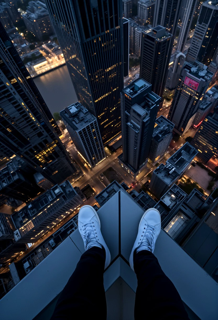 A vertigo inducing view down from the edge of a skyscraper down on a city, the feet of the photgrapher are visible standing right on the edge