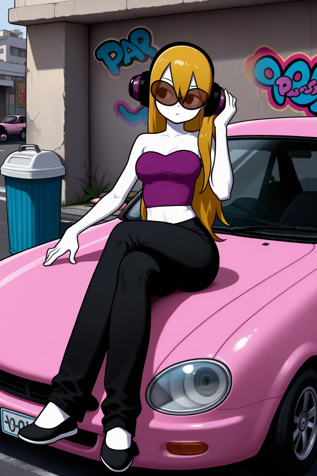 masterpiece, best quality, amazing quality, absurdres, solo, mcadore, bored, sitting, on pink car, crossed legs, looking away, long blonde hair, orange sunglasses, purple headphones, white skin, purple crop top, strapless, sleeveless, black pants, outdoors, parking lot, trash can, graffiti