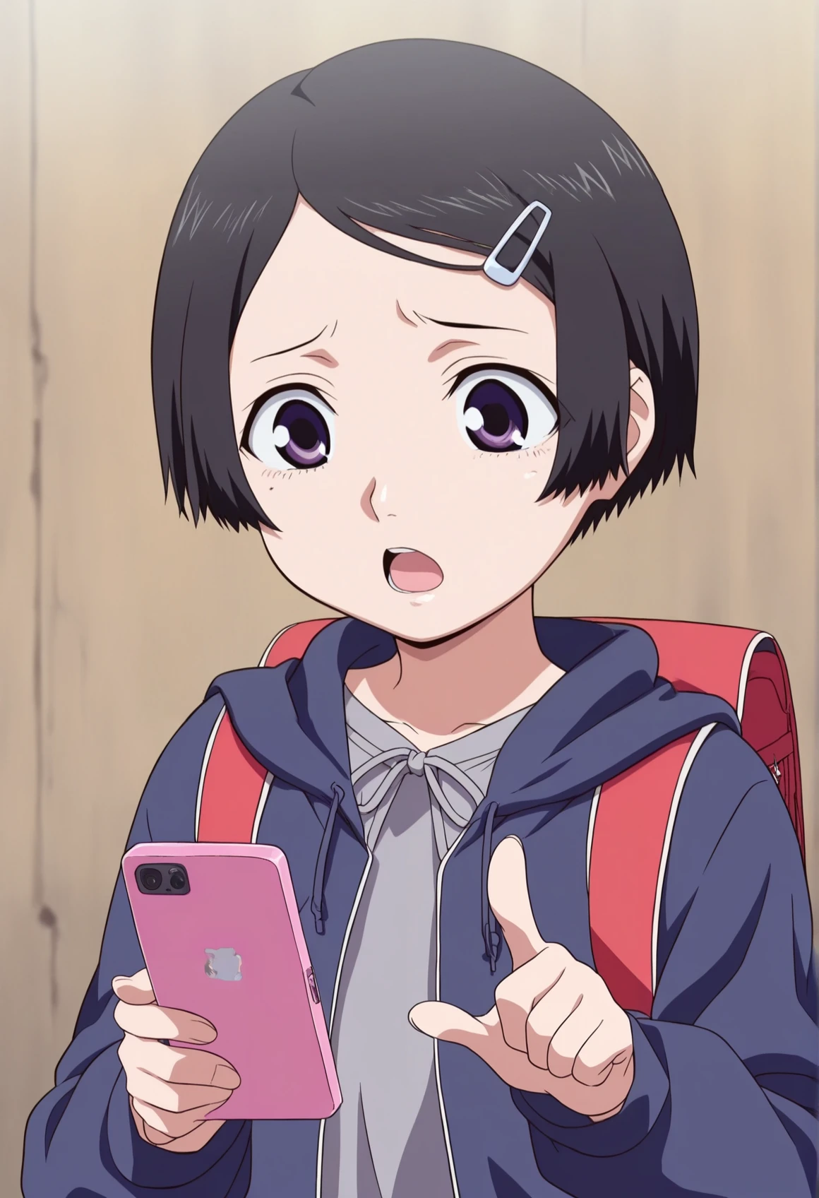 1girl, solo, short hair, black hair, purple eyes, hairpin, grey dress, blue hoodie, backpack, holding smartphone, open mouth, pointing up, upper body, close-up <lora:Asami_mezzo_dsa:1>, masterpiece, best quality, amazing quality, very aesthetic, absurdres, highres, newest