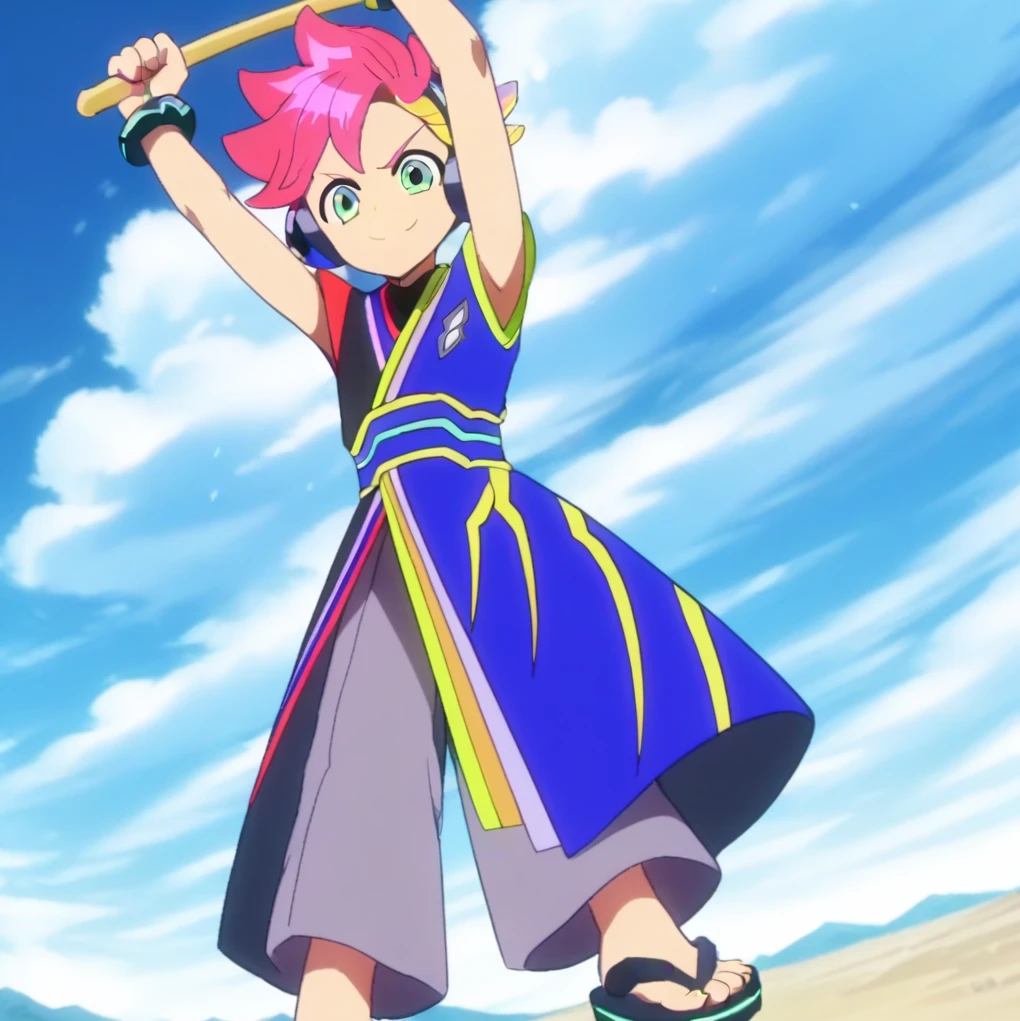 male, multicolored hair, three-tone hair, streaked hair, pink hair, yellow hair highlights, purple hair highlights, green eyes, japanese clothes, sleeveless, sandals, bracelets, jewelry, holding two drumsticks, dual wielding, headphones, outdoors, blue sky, clouds, arms above head