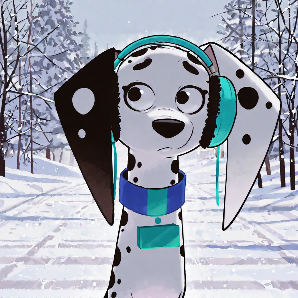 masterpiece, best quality, amazing quality, very aesthetic, high resolution, ultra-detailed, absurdres,   <lora:delilah101illustrious:1>, delilahdalmatian, 1girl, solo, upper body, black eyes, headphones, parody, furry, dog, animal, black and white fur, collar, spots, dalmatian, dog ears, body fur, outside, snow, earmuffs,