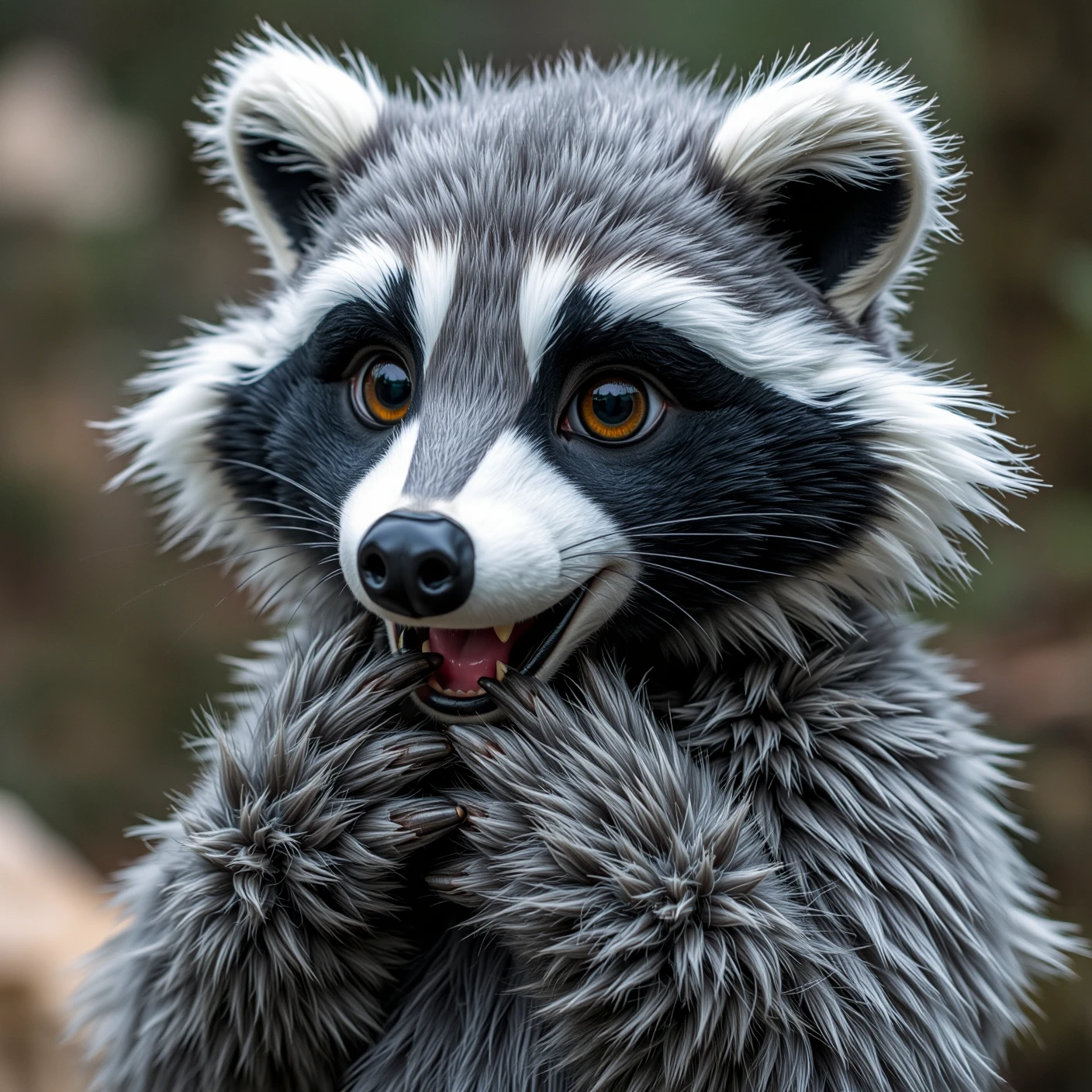 a grey and white cute furry short hair racoon fursuit, hand over mouth, closeup