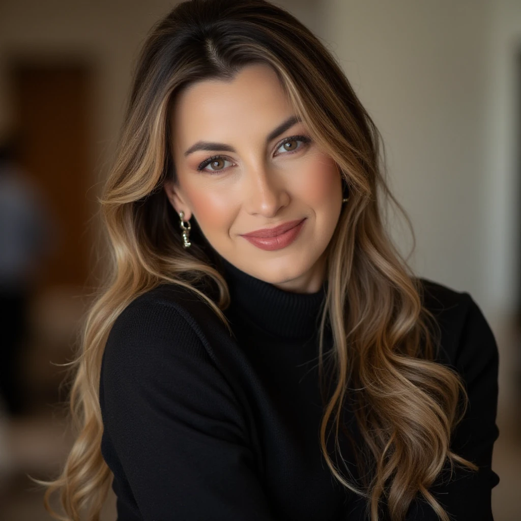 portrait of m1g14n3ll4 woman, posing on a office, serene and warm, natural lighting, soft focus, high-resolution, elegant and introspective atmosphere, quiet sophistication, wearing a turtleneck yarn blouse, slight smile

