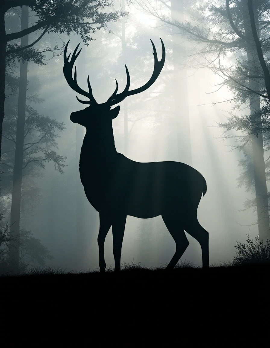 silhouette of a majestic stag with a panoramic view of a dense, misty forest. The stag stands proudly, its antlers extending upward, merging seamlessly with the branches and trees of the forest scene. The forest is bathed in soft, ethereal light, with beams of sunlight piercing through the fog, creating a mystical atmosphere. The details of the stag's fur and the textures of the trees blend together, creating a harmonious fusion of wildlife and nature. The overall composition should evoke a sense of wonder, tranquility, and the deep connection between animals and their natural habitat.