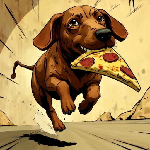 Digital ilustration in style of wolfAMONGUS1style of a dachshund running away with a big slice of pizza in his mouth