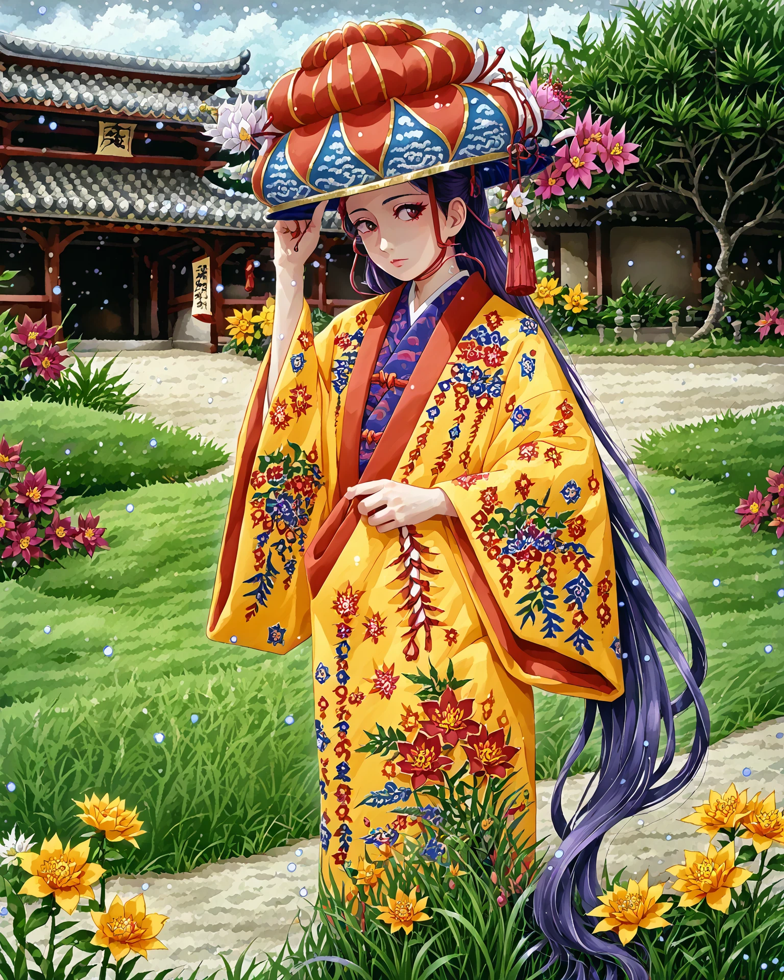 1girl, ryusou, long hair, ryusou hat, jacquard fabric, light particles, intricate patterns, (patterned fabric:1.2), flower garden, grass, lawn, score_9, score_8_up, score_7_up,  masterpiece, very detailed, highest quality,  digital art, <lora:Ryusou_XL:1.2>,   <lora:rysiartXLP:1> rysiart