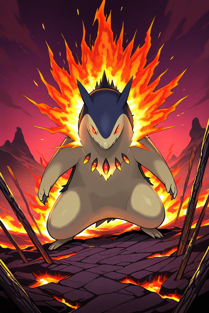 masterpiece, best quality,   no humans, pokemon (creature), fire,  <lora:TyphlosionPokedexIXL:1.0>,   Lovecraftian Horror, zzTyphlosion in ancient ruin, eldritch symbol, cosmic horror, twisted landscape, shadowy figure, mist, glowing eyes, unsettling atmosphere