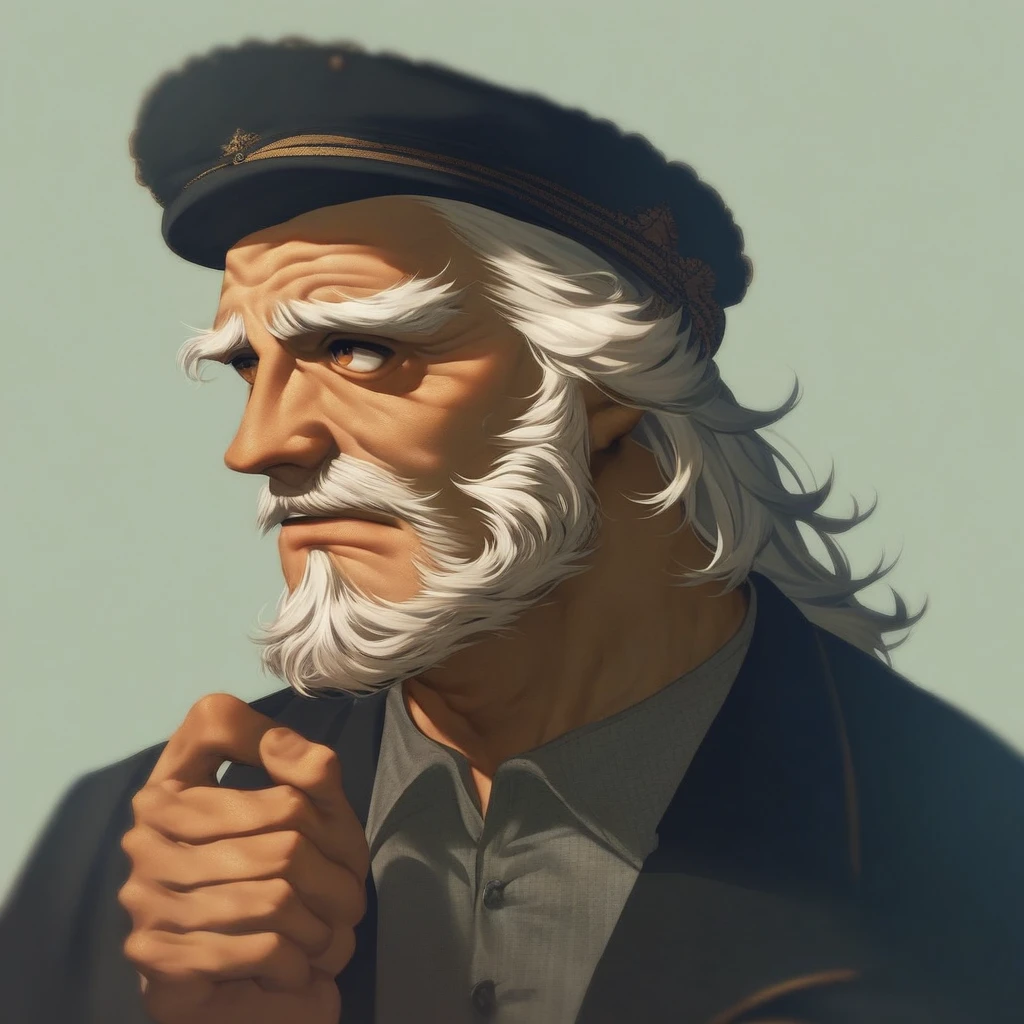 score_9, score_8_up, score_7_up, <lora:Leonardodavincioilpainting:1> portrait, beautiful, 1 boy, old, old man, wrinkly face, beard, facial hair, white hair, hat,