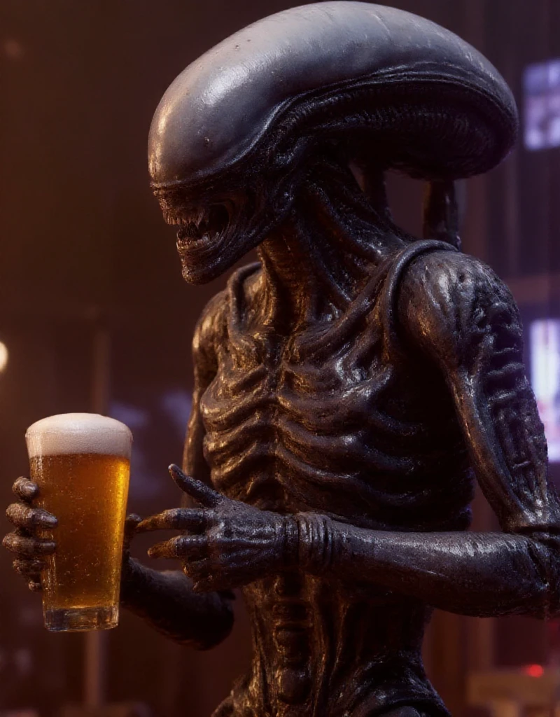 <lora:Barbie Style:0.9> barbie style  <lora:Xenomorph:0.9> alien xenomorph holds a beer in a pub