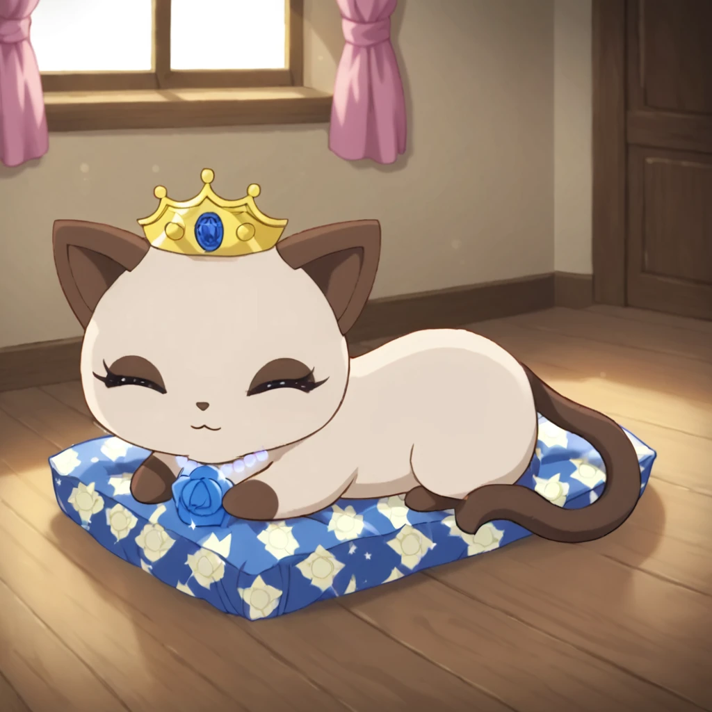 best quality, masterpiece, realistic, furry, no humans, jpkaiya, female, cat, chibi, feral, digitigrade, light brown body, light brown fur, brown toes, brown ear, brown tail, heart shaped tail, crown, white pearl necklace, blue rose brooch, brown eyelids, sleeping, loaf, lying on stomach, hands on floor, detailed background, room, window, curtain <lora:jp_Kaiya_Pony:1>