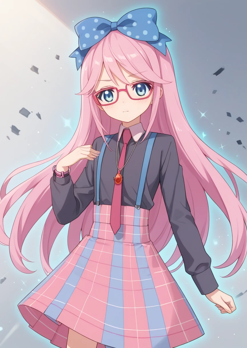 score_9, score_8_up, score_7_up, score_6_up, score_5_up, BREAK
humanluna, 1girl, solo, blue eyes, long hair, pink hair, skirt, necktie, suspenders, red-framed eyewear, watch, long sleeves, polka dot bow, glowing