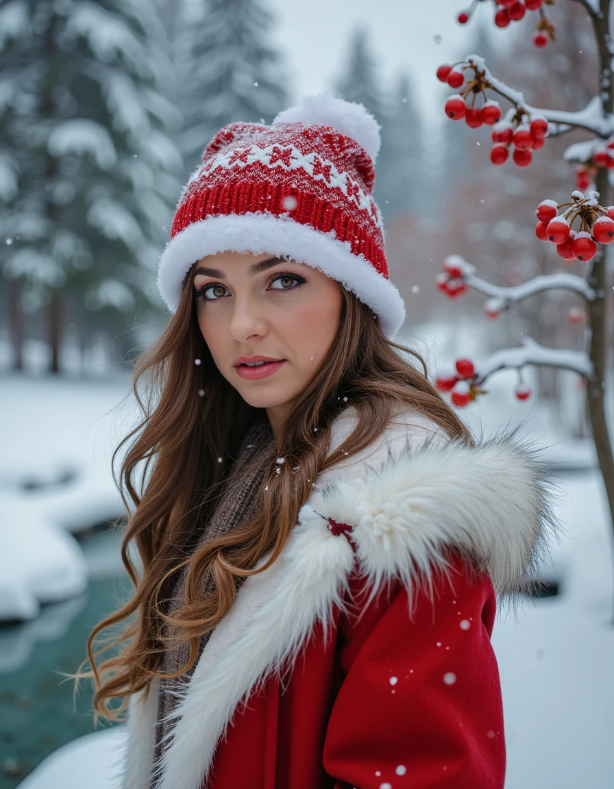 A stunning woman stands in a magical winter wonderland, surrounded by a gentle snowfall and snow-laden trees. She wears a santa hat and a santa coat with a white fur-lined hood that frames her face, adding warmth and elegance against the snowy backdrop. Her hair cascades in loose waves, catching a few delicate snowflakes as she gazes softly ahead with a peaceful expression. Around her, pops of color emerge from the winter landscapeâvibrant holly bushes with bright red berries, icy blue streams, and soft, golden light from a distant cabin. The scene captures a sense of beauty, warmth, and serenity amid the colorful, crisp winter surroundings.