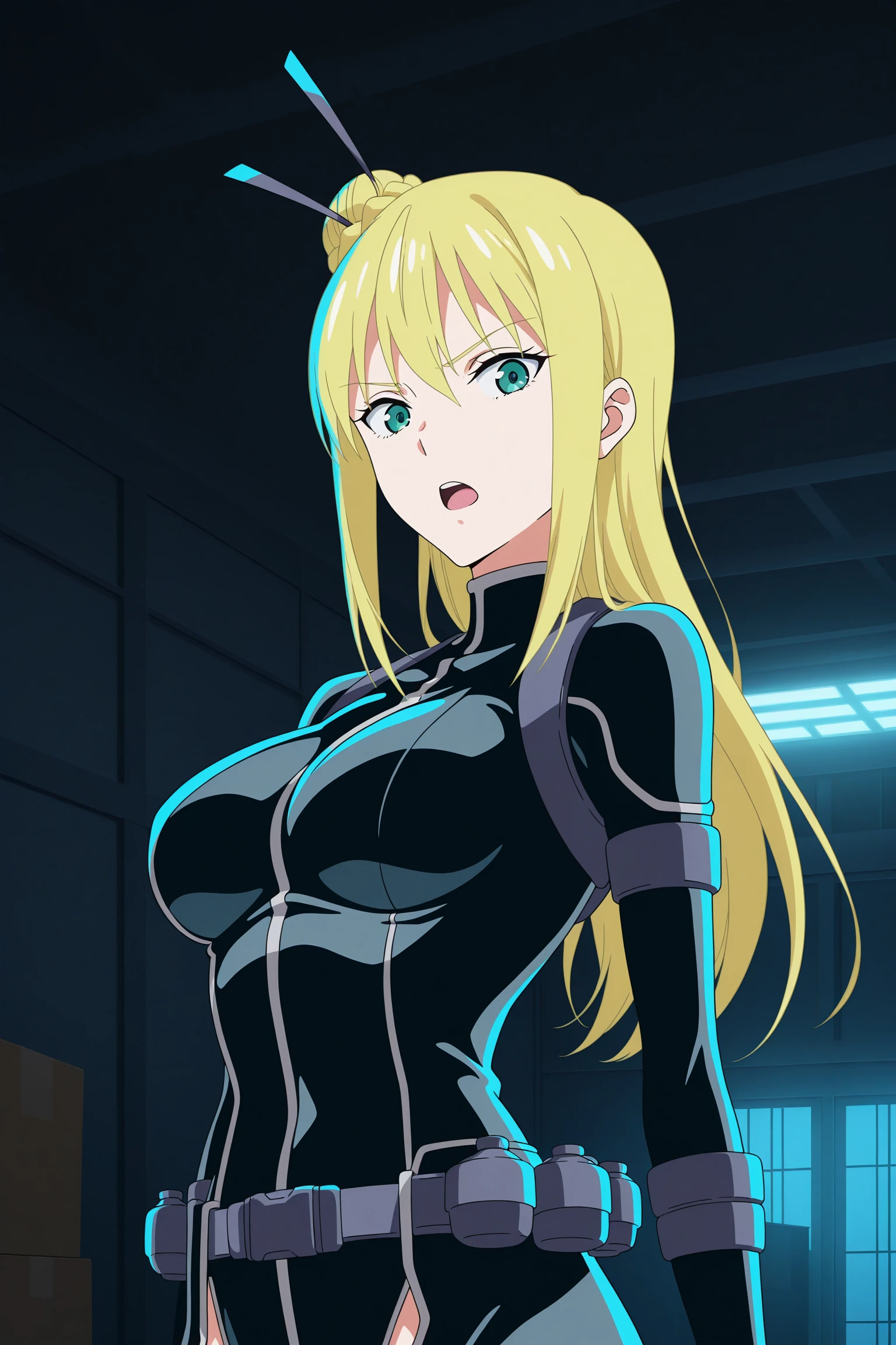 masterpiece, best quality, amazing quality, highres, absurdres, very aesthetic, high resolution, ultra detailed, perfect details, 1girl, solo, indoors, warehouse, night, medium breasts, nancy lee, blonde hair, long hair, hair ornament, single hair bun, braided bun, green eyes, bodysuit, utility belt, thigh cutout, ass cutout, high heels, <lora:Nancy_Lee_ILXL:0.8>, (upper body:1.5), looking at viewer, anime screencap, open mouth, (pose:1.5)