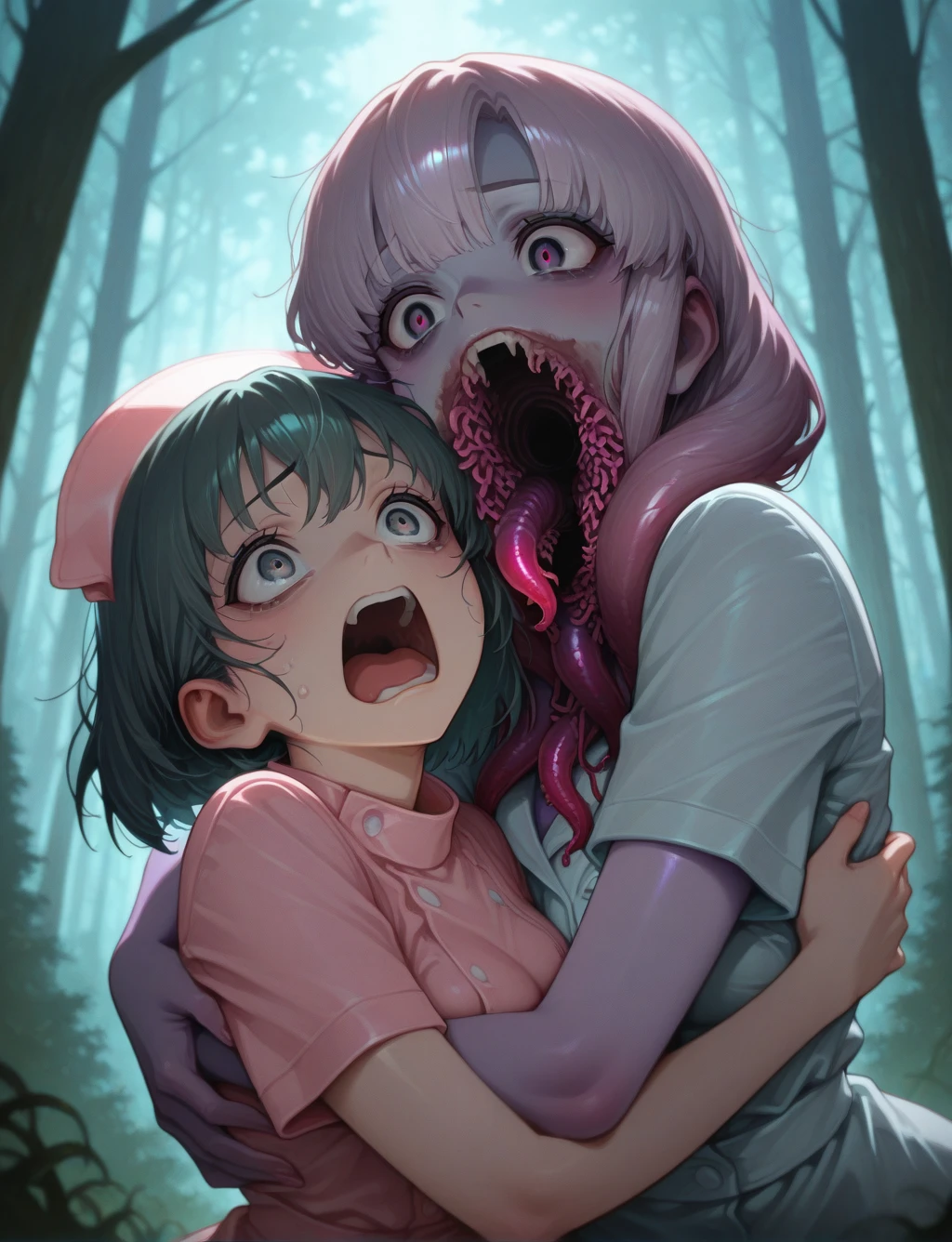 masterpiece,best quality,higres illustration,detailed face,2girls,<lora:tentaclesmouth_IL:1>,tentacles,upper body,open mouth,horror \(theme\),scared,forest,looking at another,hug,nurse,zombie,purple skin,