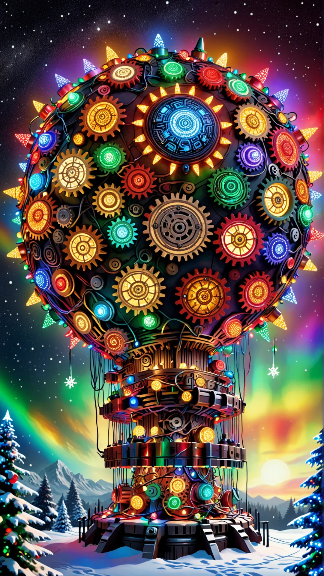 A concept art of of a ChristmasLightsStyle a planet composed entirely of interlinked gears and cogs. Covered in rainbow christmas lights, <lora:ChristmasLightsStyleSDXL:0.9>