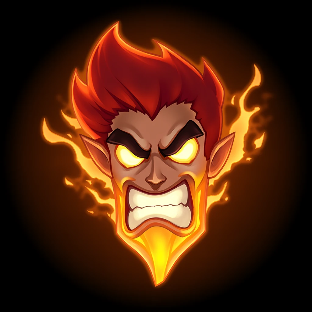 emotelol, 
focus on face, Brand character face made in fire, enraged, fiery, glowing eyes, intense, flames, scowl, charred skin, red hair, heat, powerful, rage, fire, destructive, fierce.
, cartoon emote style, detailed, league of legends, stroke, outer glow, black background
