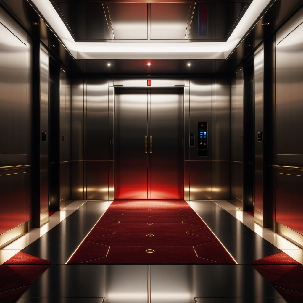 (Simple elevator interior:1.2), Symmetrical composition, Red carpet flooring, (Floor indicator above doors:1.3), Metallic control panel, Polished steel walls, Subtle reflections, (Soft dim lighting:1.2), Shadowed corners, Minimalist details, Subdued ambiance.
<lora:SDXLFaeTastic2400:0.4> <lora:extremely_detailed:0.4> extremely detailed, Masterpiece,best quality,hi res,8k,hi res,8k,award winning,(sharp focus, intricate, highly detailed),