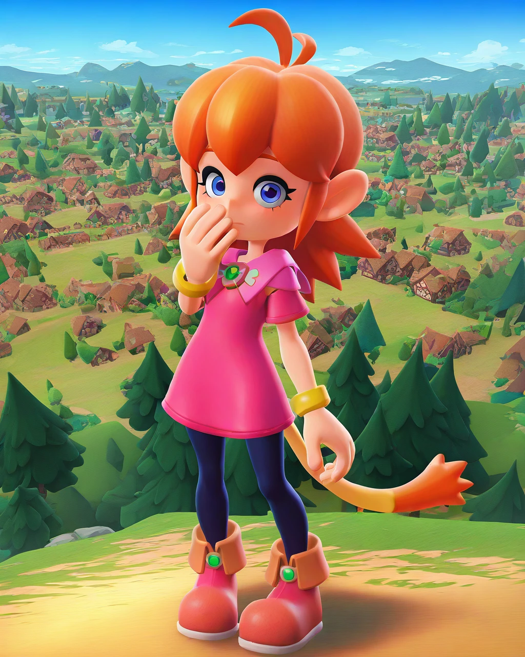 masterpiece, best quality, ninjala, 1girl, solo, knlolo, , pantyhose, hand over own mouth, expressionless, , standing, full body, looking at viewer, (village:1.2)