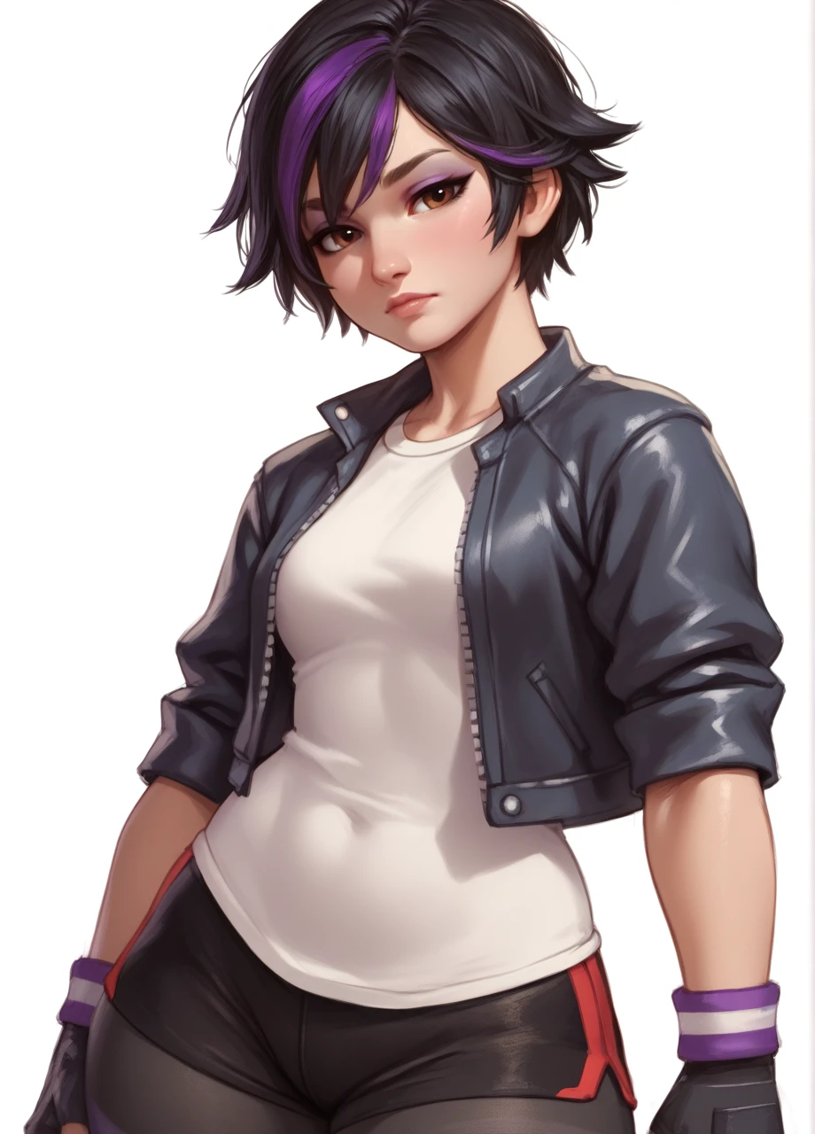 <lora:BH6_TomagoDEF-PONY:0.8> 1girl, solo, cowboy shot, white background, thick thighs, looking at viewer, tomagodef, short hair, black hair, purple hair, streaked hair, brown eyes, eyeshadow, open jacket, white shirt, wristband, fingerless gloves, side striped shorts, leggings, score_8_up, score_7_up, score_6_up, score_5_up