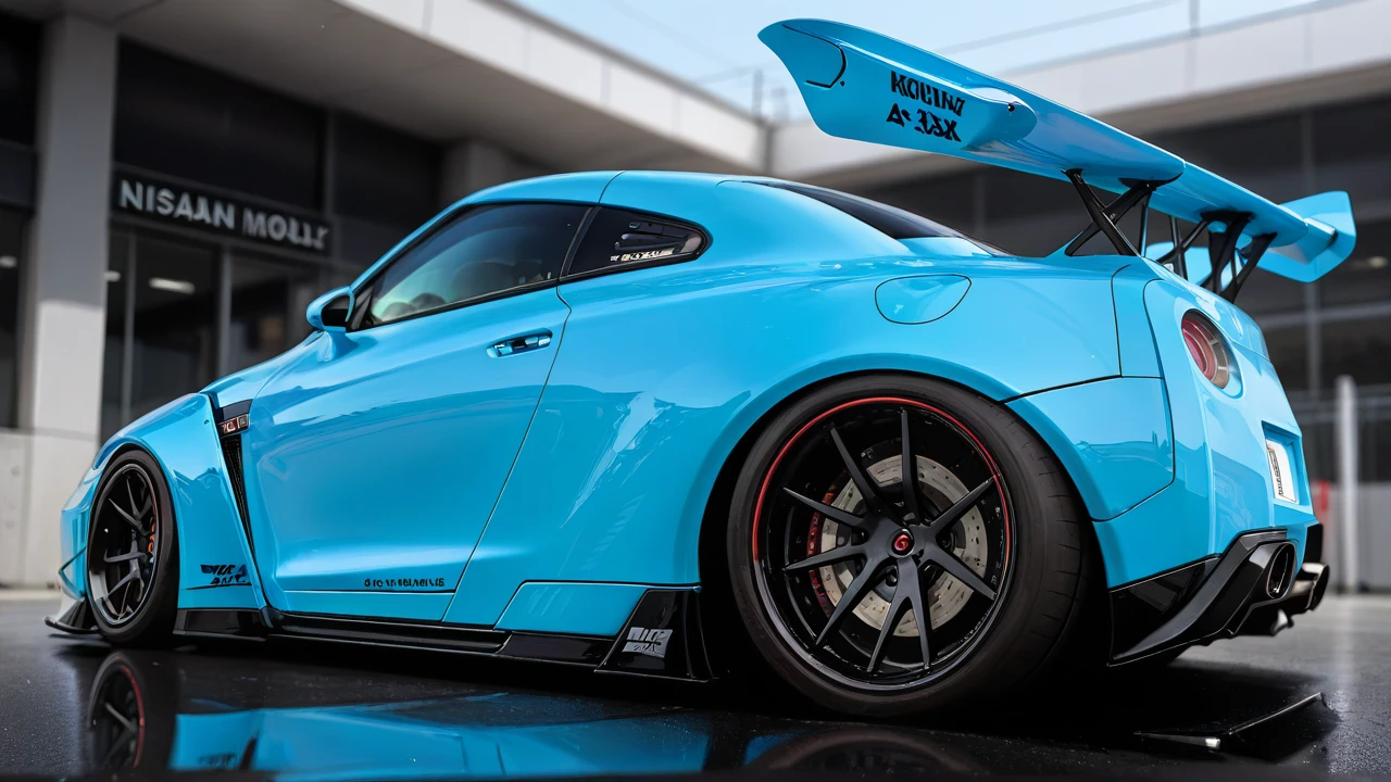 masterpiece, best quality,amazing quality,very aesthetic, high resolution, a high-resolution photograph capturing the rear view of a sleek, light blue sports car, a Nissan GT-R. The car's glossy, metallic paint reflects the surrounding environment, giving it a polished and dynamic appearance. The vehicle's rear end features dual exhausts, prominent diffusers, and a large, aerodynamic wing that extends upward. The license plate, located in the center of the rear bumper, reads "DJM" and "DJM230x" with additional text underneath. The car's taillights are red, with a modern, angular design that complements the car's overall aesthetic.,Nissan_GT-R,d2j3m0x