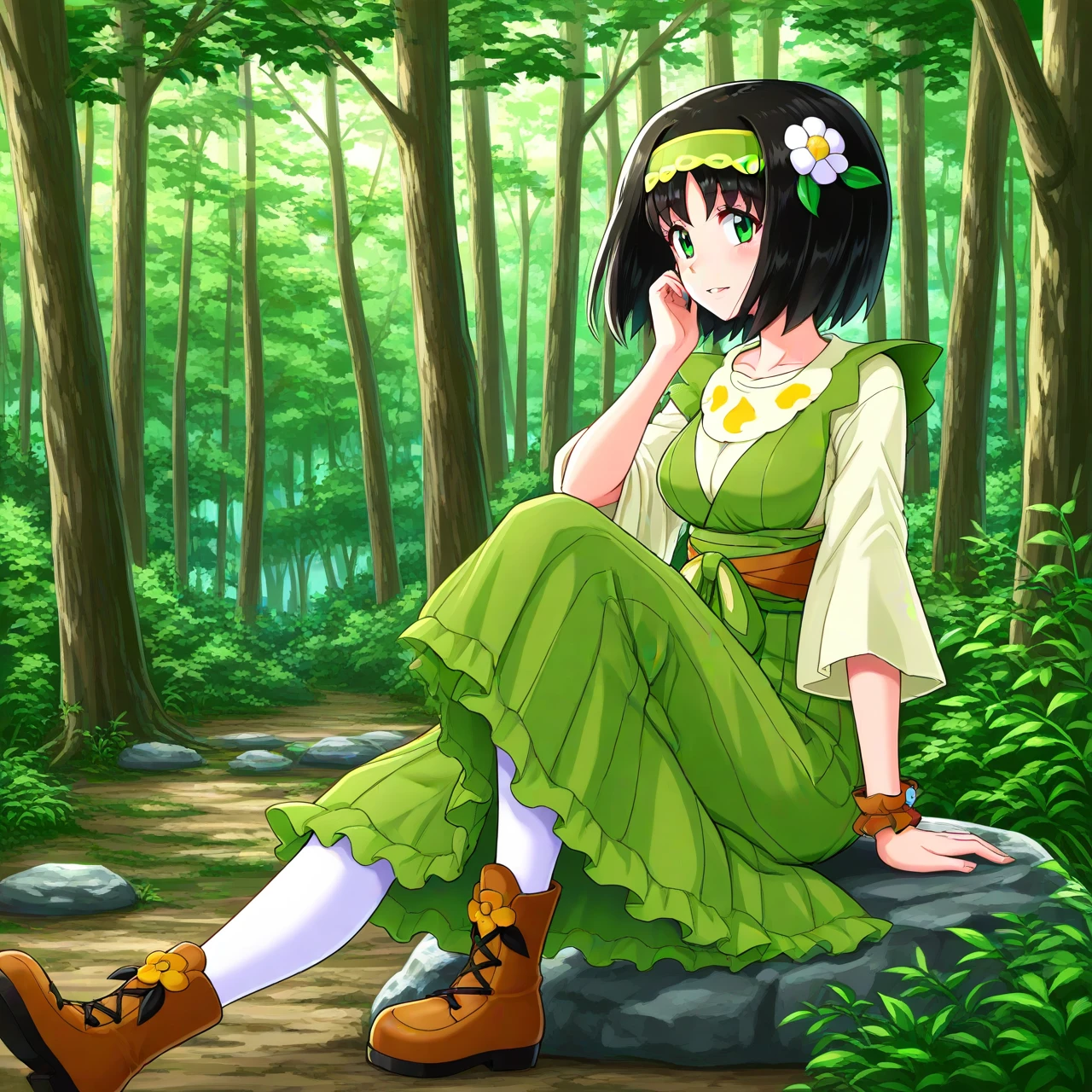 (hinosaki, miazi:0.4), (kutabireta_neko, kesoshirou, leveen:0.6), (1girl, solo,) sitting, on a rock, forest, woods, nature, anime,

character age 20, mature female, ,sygerika, erika_\(pokemon\), green_eyes, black_hair, short_hair,green_hairband, hair_flower,dress, green_dress, short_sleeves,bracelet, white_pantyhose,boots, brown_footwear, 

masterpiece,best quality,amazing quality,very aesthetic,high resolution,ultra-detailed,absurdres,newest,volumetric lighting