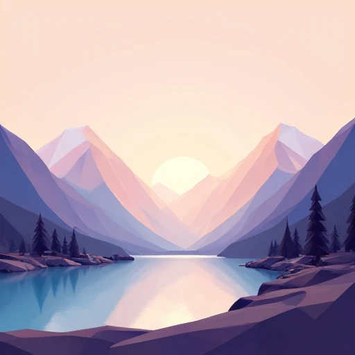 A serene low-poly mountain landscape at sunrise, featuring sharp, angular mountains, a tranquil lake reflecting the light, and low-poly pine trees scattered along the shore. Soft pastel hues of orange and blue dominate the scene, with smooth gradients and minimal shading