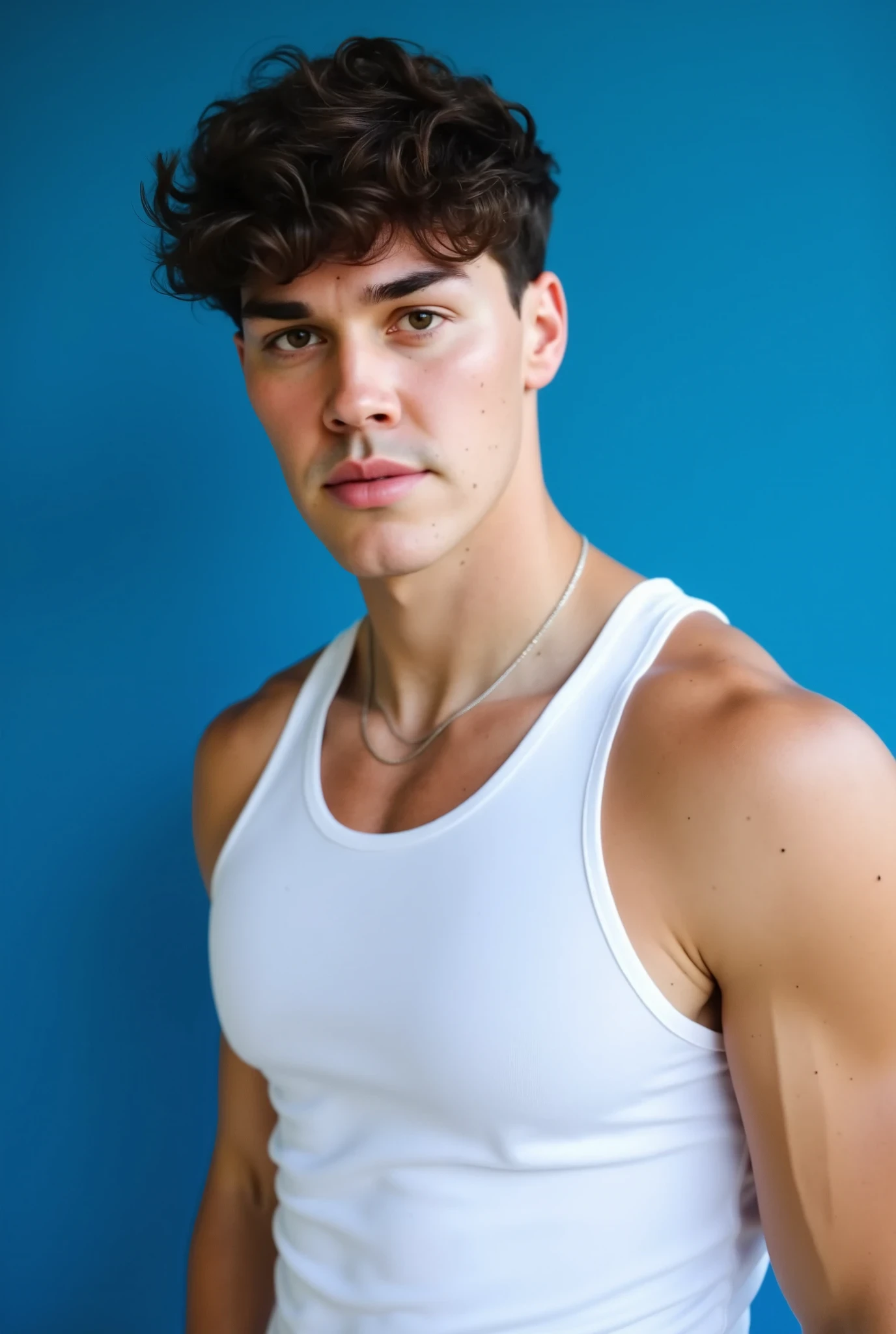 Noah Beck. The image is a high-resolution photograph of Noah Beck standing against a solid blue background. He has a light skin tone and is of medium build with a muscular physique, evident from the visible contours of his arms and shoulders. His hair is short dark brown, curly, and slightly tousled, giving it a natural, casual look. He is wearing a tight fitted white tank top that hugs his muscled frame, showcasing his athletic build. He has a strong jawline, expressive eyebrows, and piercing eyes that are slightly squinting, giving him a thoughtful or slightly contemplative expression.