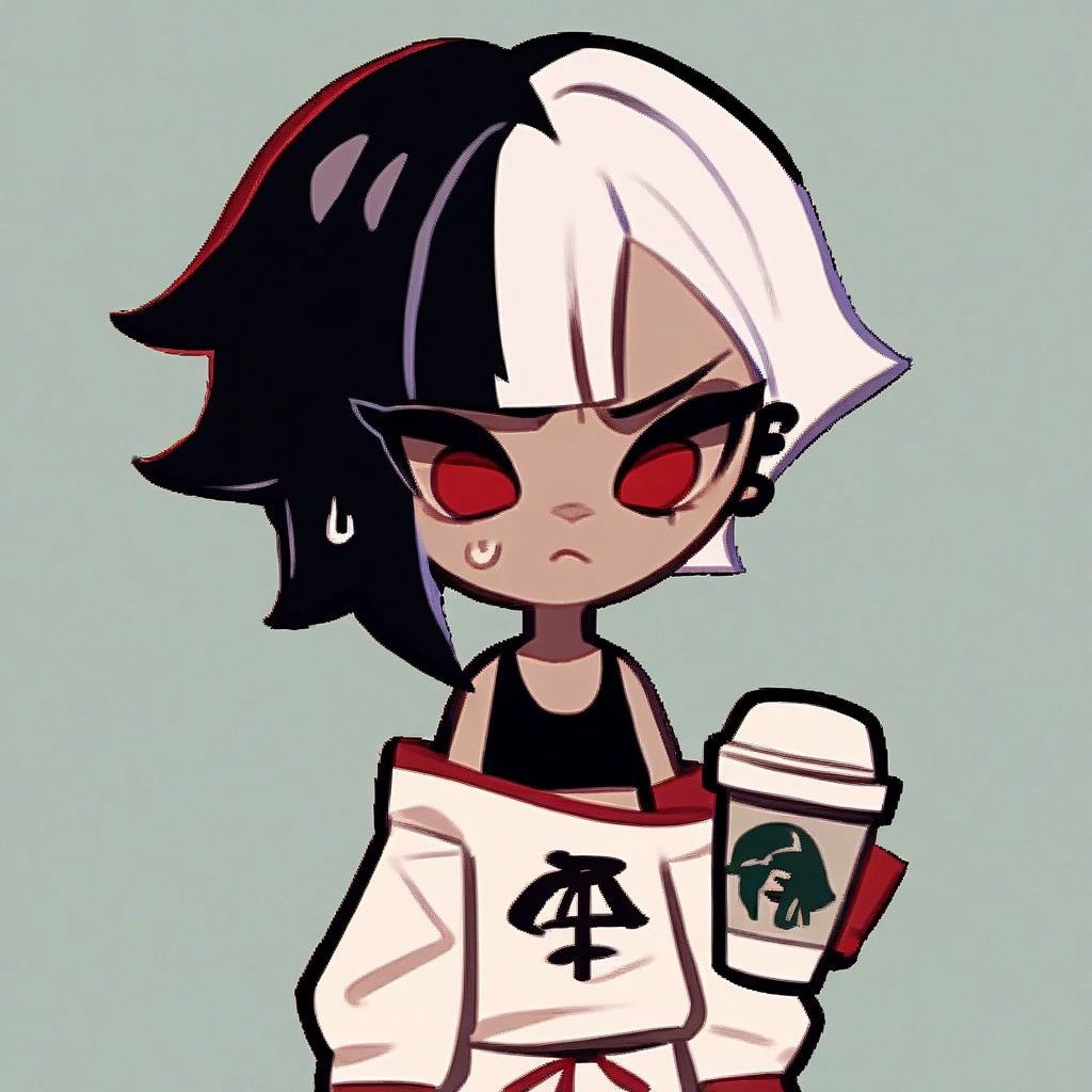 score_9, score_8_up, score_7_up, score_6_up, score_5_up, score_4_up, currant, black hair, white hair, red eyes, baggy crop top, sweatpants, coffee cup, holding