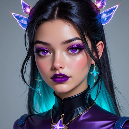 otherworldly appearance. Her skin is a smooth, dark purple lipstick that complements her outfit. She has two-toned hair, youthful face with a delicate jawline, photorealistic CGI artwork featuring a young PSG Syndra with an ethereal, expressive purple eyes with a hint of a star-like glow, celestial appearance. Her eyes are striking, This is a digital illustration of a fantastical, black and turquoise hair