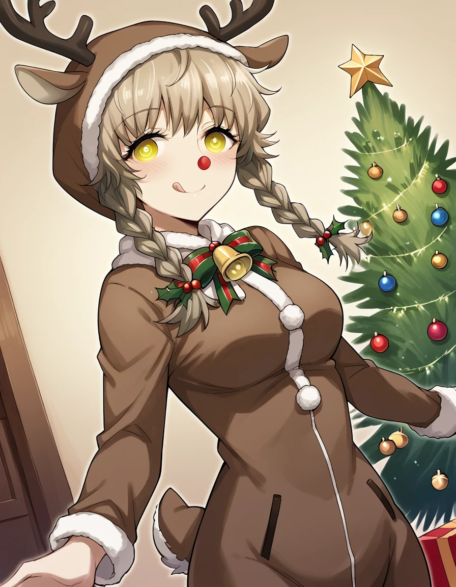 score_9, score_8_up, score_7_up, source_anime, <lora:suzuha-amane-ingame-ponyxl-lora-nochekaiser:1>, suzuha amane, bangs, brown hair, yellow eyes, braid, twin braids, medium breasts,, <lora:reindeer-costume-ponyxl-lora-nochekaiser:1>, reindeer costume, animal costume, reindeer antlers, antlers, fake antlers, reindeer hood, christmas, red nose, deer ears, deer tail, christmas tree, bell, horns, reindeer,, blush, smile, tongue out, looking at viewer,, , dutch angle, cowboy shot