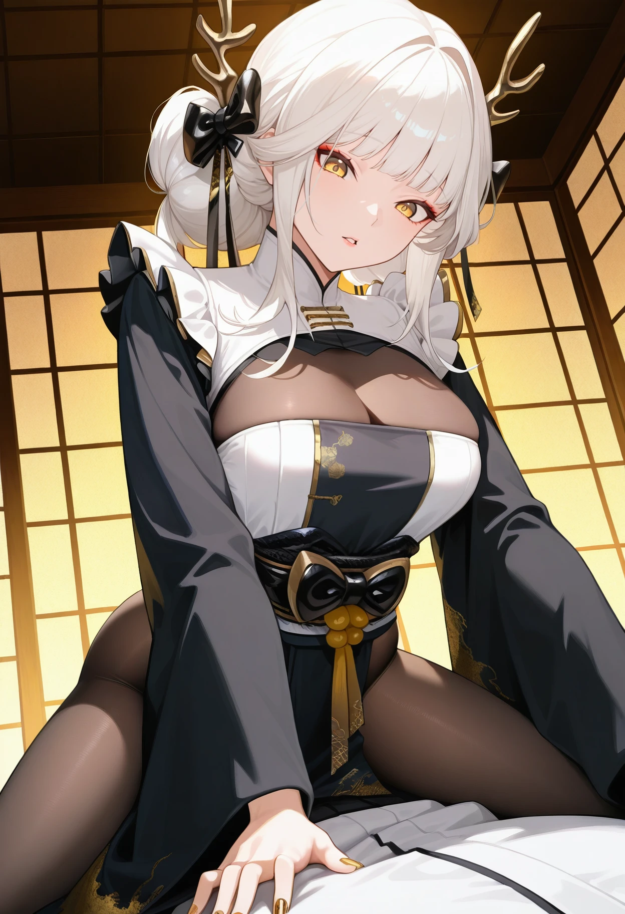 masterpiece, best quality, highres, absurdres, 1girl, solo, <lora:blanc-nikke-richy-v1_ixl:1> blanchs, yellow eyes, white hair, hair bun, hair bow, antlers, breasts, frills, bodystocking, cleavage cutout, wide sleeves, black sleeves, japanese clothes, gold nails, indoors, looking at viewer, parted lips, girl on top, sitting, looking at viewer, looking down, from below