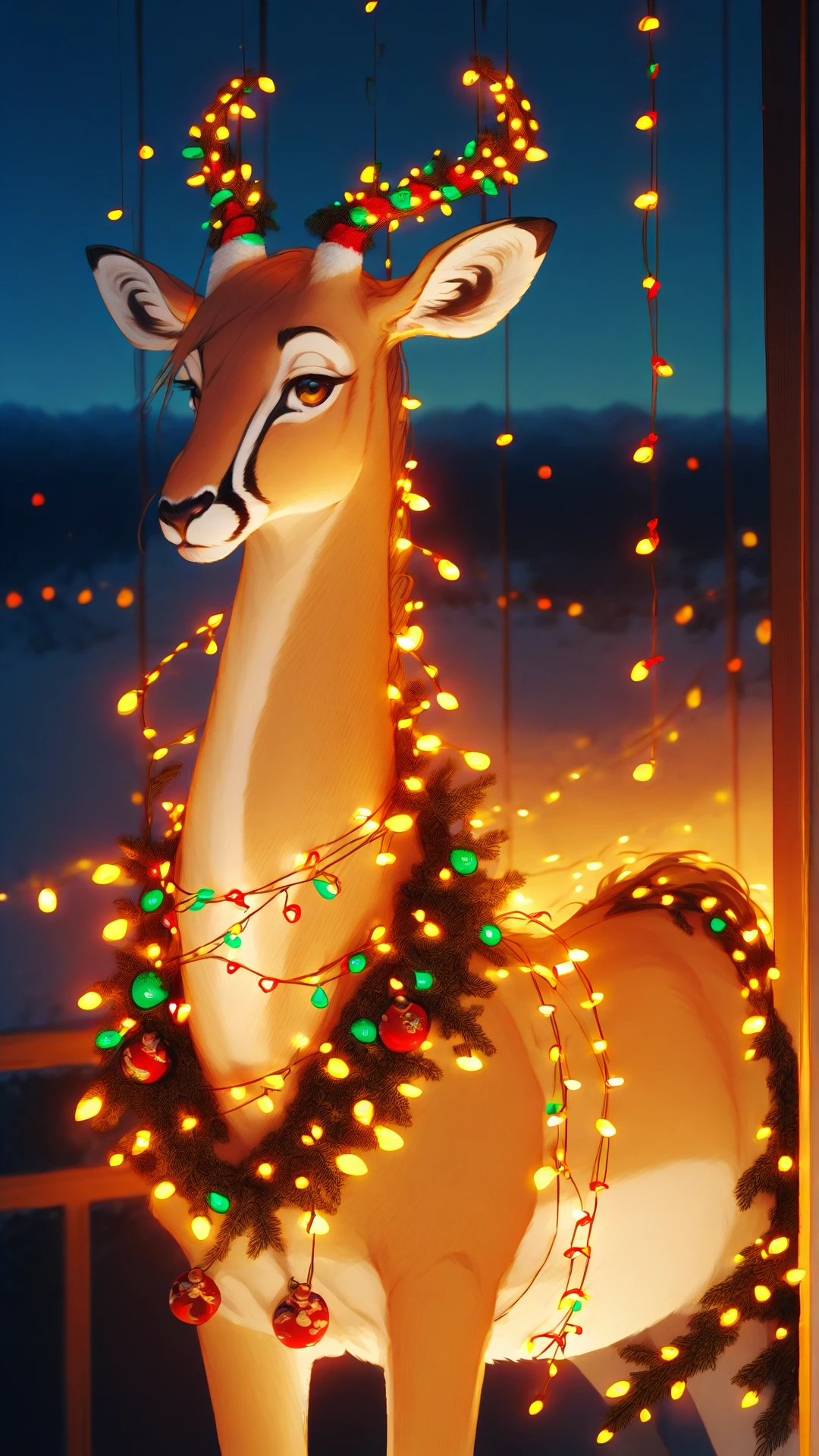 score_9, score_8_up, score_7_up, score_6_up, score_5_up, source_anime, Christmas Theme, Daytime, A concept art of of a colorful christmas lights covered ChristmasLightsStyle an antelope grazing peacefully in the middle of a savannah. <lora:ChristmasLightsStylePDXL:0.9>