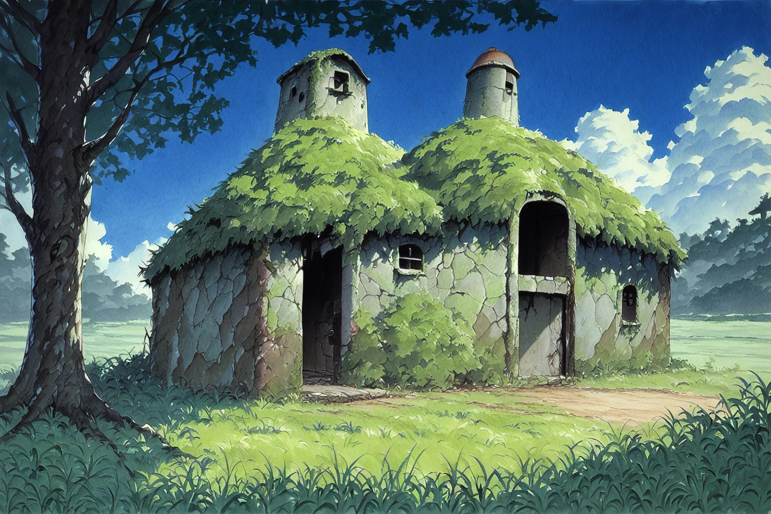 <lora:ghibli_landscapes:1>ghibli landscapes, scenery, outdoors, no humans, tree, grass, traditional media, blue sky, cottage, ruins covered in moss, , source_anime, score_9_up, score_7_up, score_8_up