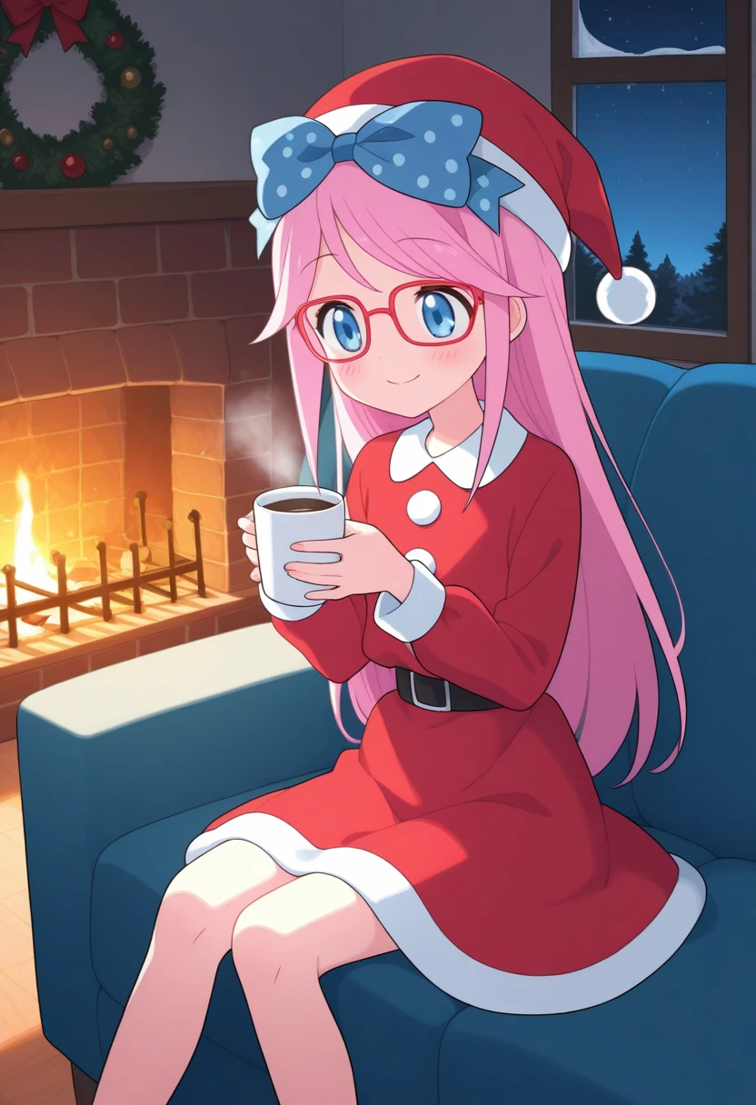 best quality, masterpiece, BREAK long hair, blue eyes, red-framed eyewear, polka dot bow, pink hair, livingroom, indoors, fireplace, santa dress, santa hat, smile, night time, holding coffee, sitting, couch