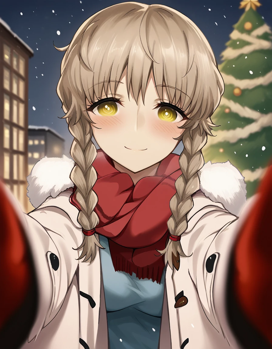 score_9, score_8_up, score_7_up, source_anime, <lora:suzuha-amane-ingame-ponyxl-lora-nochekaiser:1>, suzuha amane, bangs, brown hair, yellow eyes, braid, twin braids, medium breasts,, <lora:pov-cheek-warming-ponyxl-lora-nochekaiser:1>, pov cheek warming, pov cheek warming (meme), winter gloves, duffel coat, fur-trimmed scarf, winter clothes, red mittens, meme, winter coat, red scarf, fur-trimmed coat, reaching towards viewer, reaching, mittens, fur-trimmed hood, white coat, open coat, scarf, coat, red gloves, snowing, pov, fur trim, depth of field, smile, blush,, christmas, christmas tree, christmas lights,, , dutch angle, cowboy shot