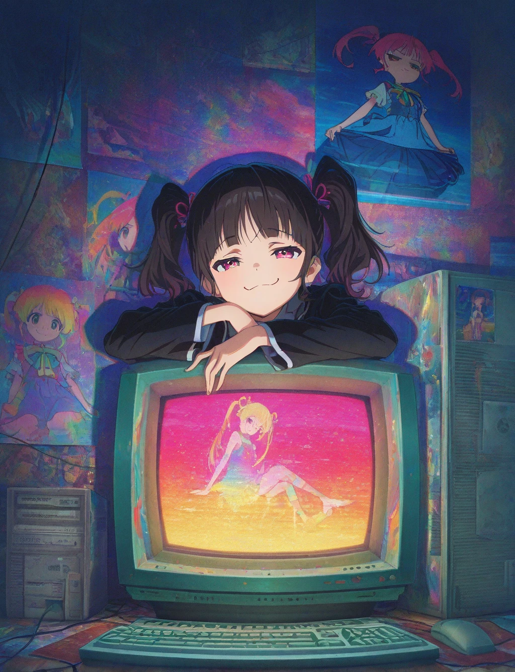 masterpiece,best quality,higres illustration,<lora:retro_pc_IL:1>,computer,1girl,solo,sitting,upper body,colorful,posters,pigtails,smug,